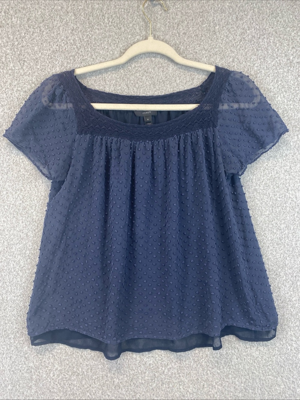 J.CREW Silk Swiss Dot Lace Trim Blouse Size 8 Lined Navy Blue Flutter Preppy